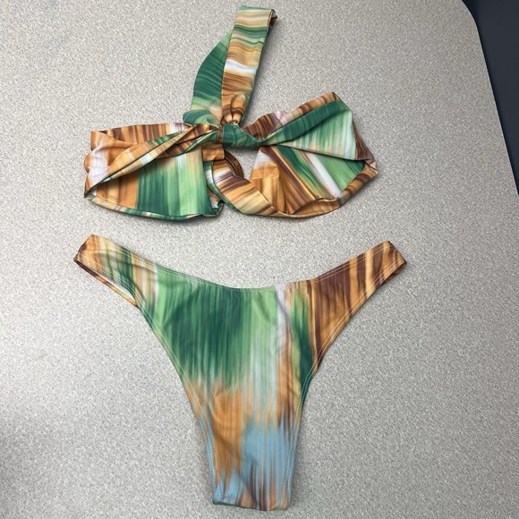 Vanguard‎ Small Bikini Skirt Padded Swim Suit Green Brown Multicolor 3 Pc - Picture 1 of 10